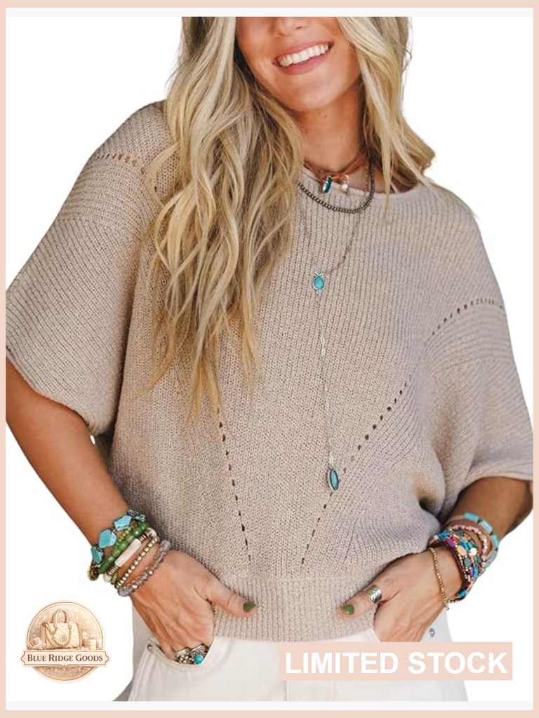 Oversized Knit Pullover Half Batwing Sleeve Crew Neck Crochet Detail Casual